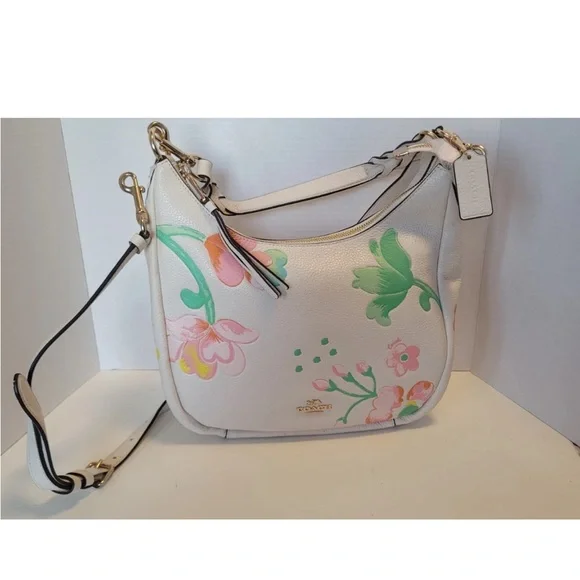COACH FLORAL PEBBLED LEATHER SHOULDER BAG CROSSBODY WHITE PINK SPRING Y2K - Picture 1 of 14